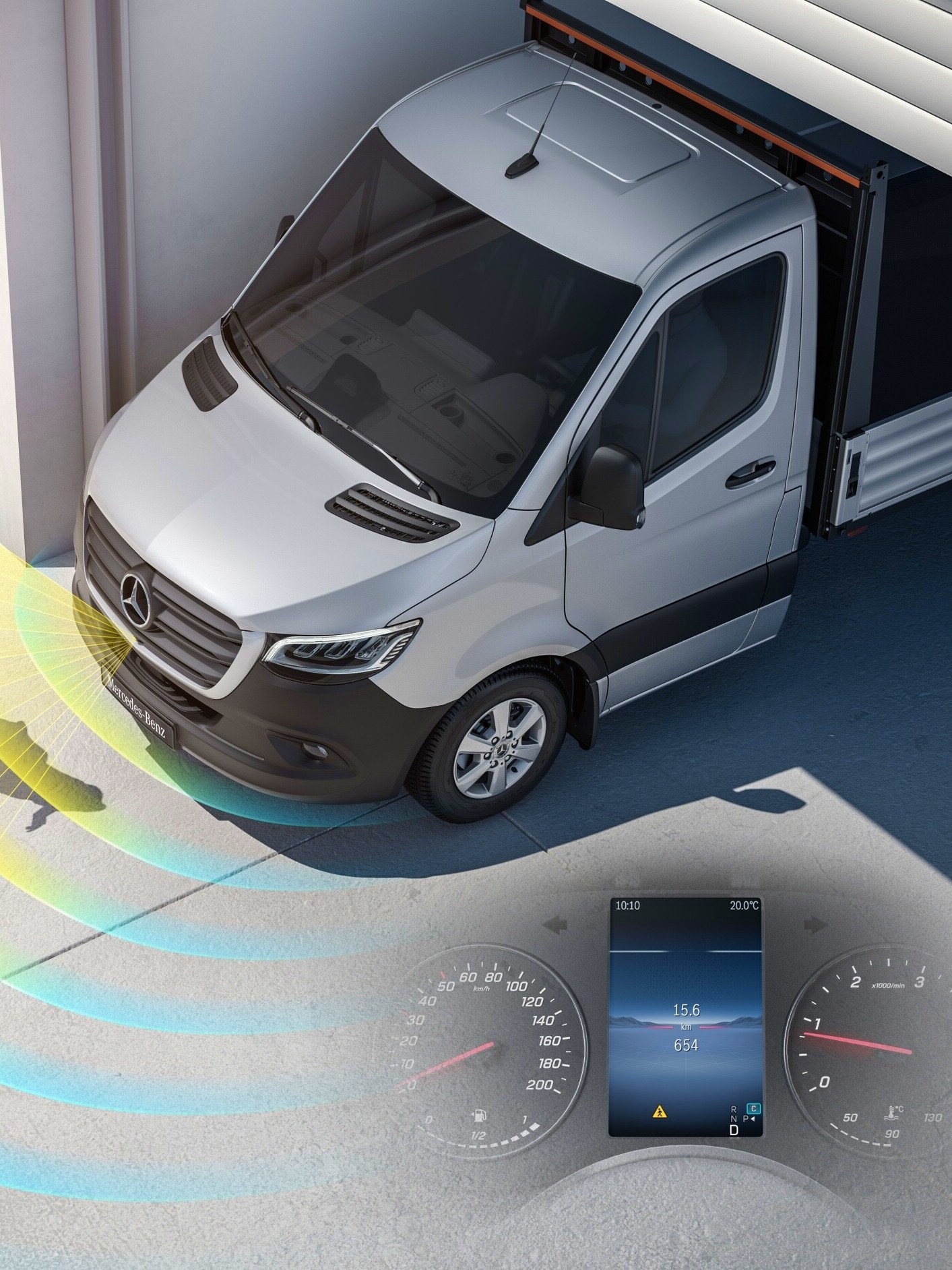 Eine Illustration des Anfahrinformations-Assistenten (MOIS) für das Mercedes-Benz eSprinter Fahrgestell.