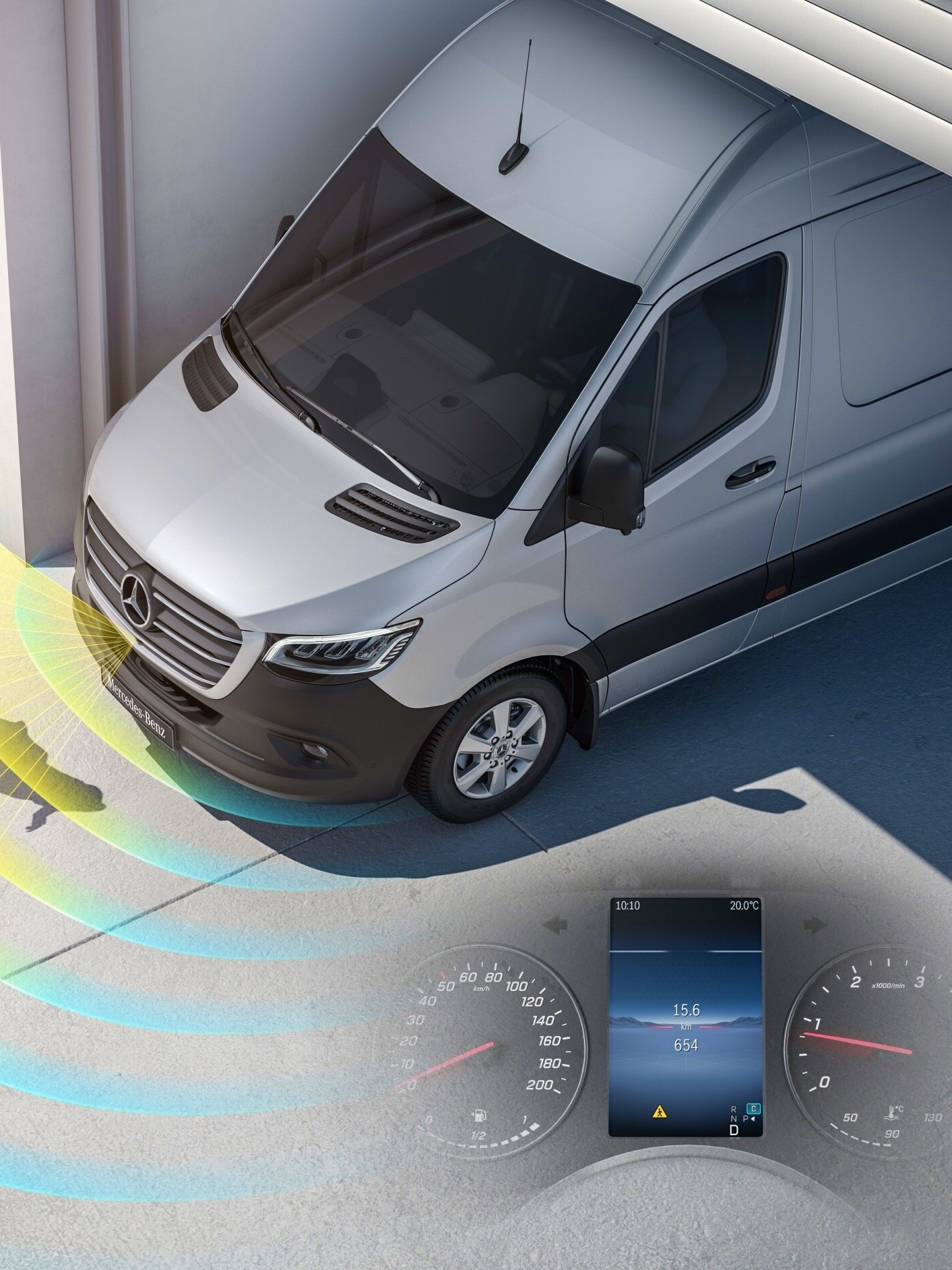 Eine Illustration des Anfahrinformations-Assistenten (MOIS) für den Mercedes-Benz eSprinter Kastenwagen.