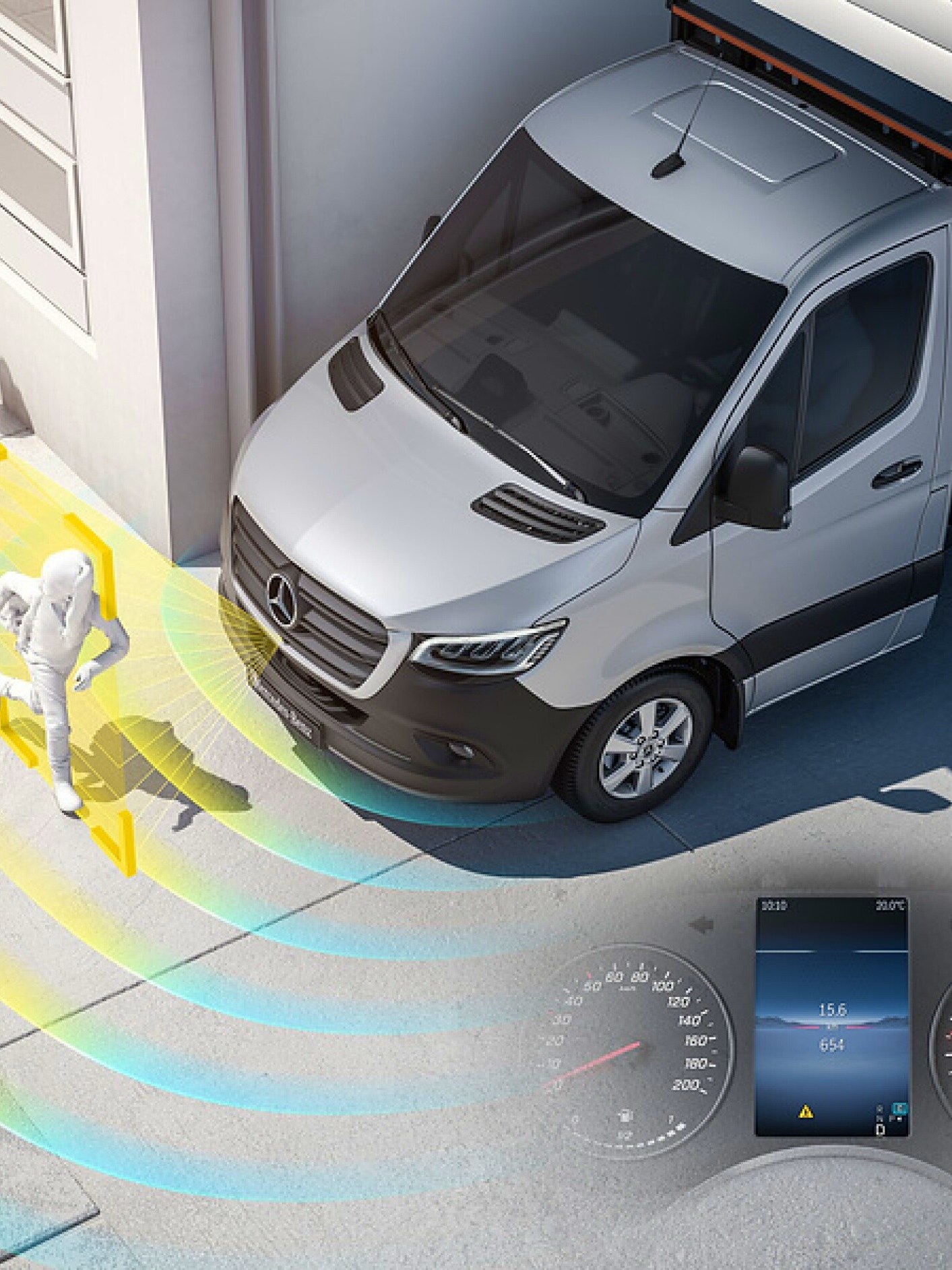 Eine Darstellung des Anfahrinformations-Assistenten (MOIS) im Sprinter, welcher die Umgebung vor sich scannt.