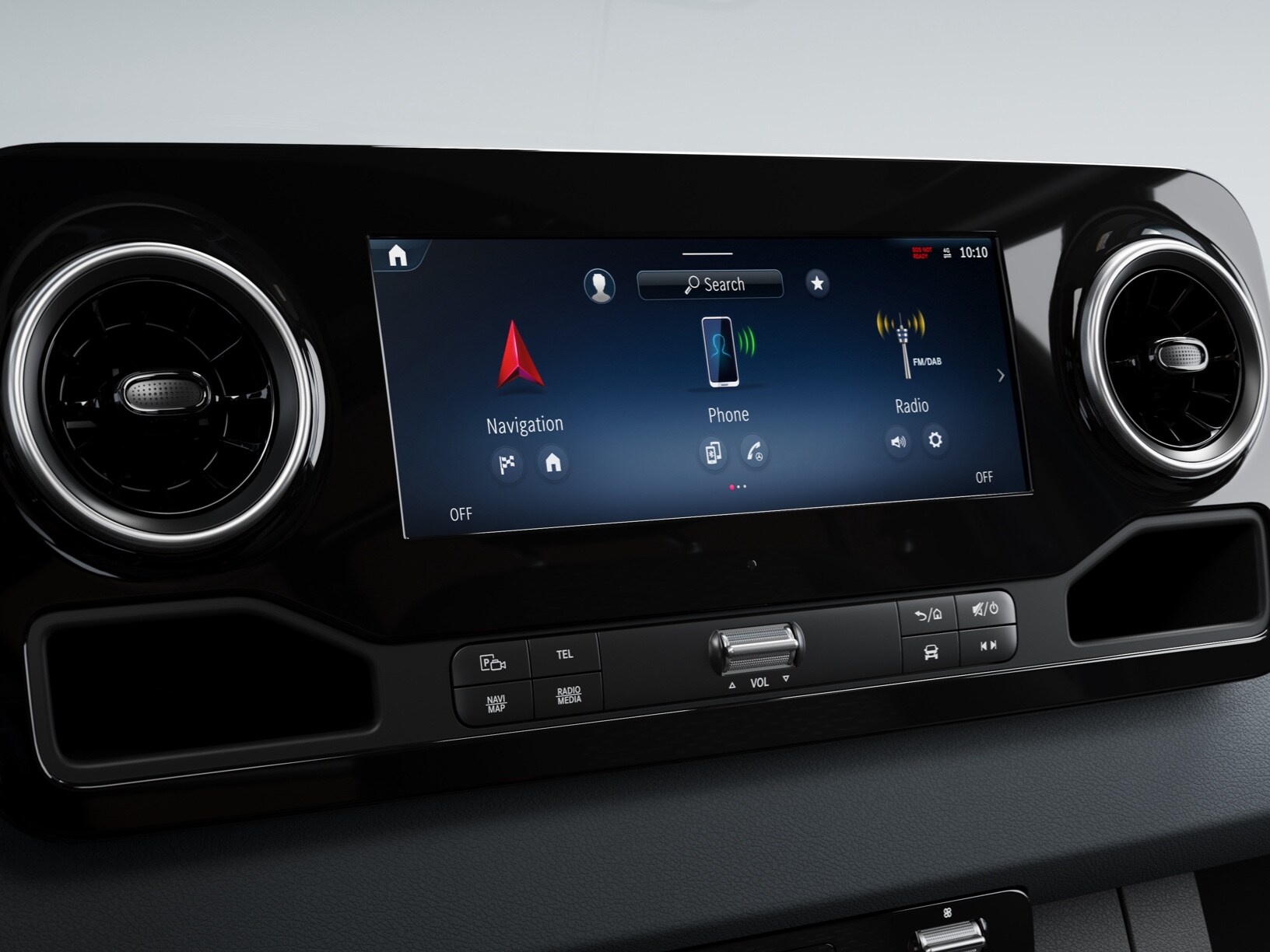 Ein Nahaufnahme vom Display des MBUX Multimediasystem für die Mercedes-Benz Sprinter.