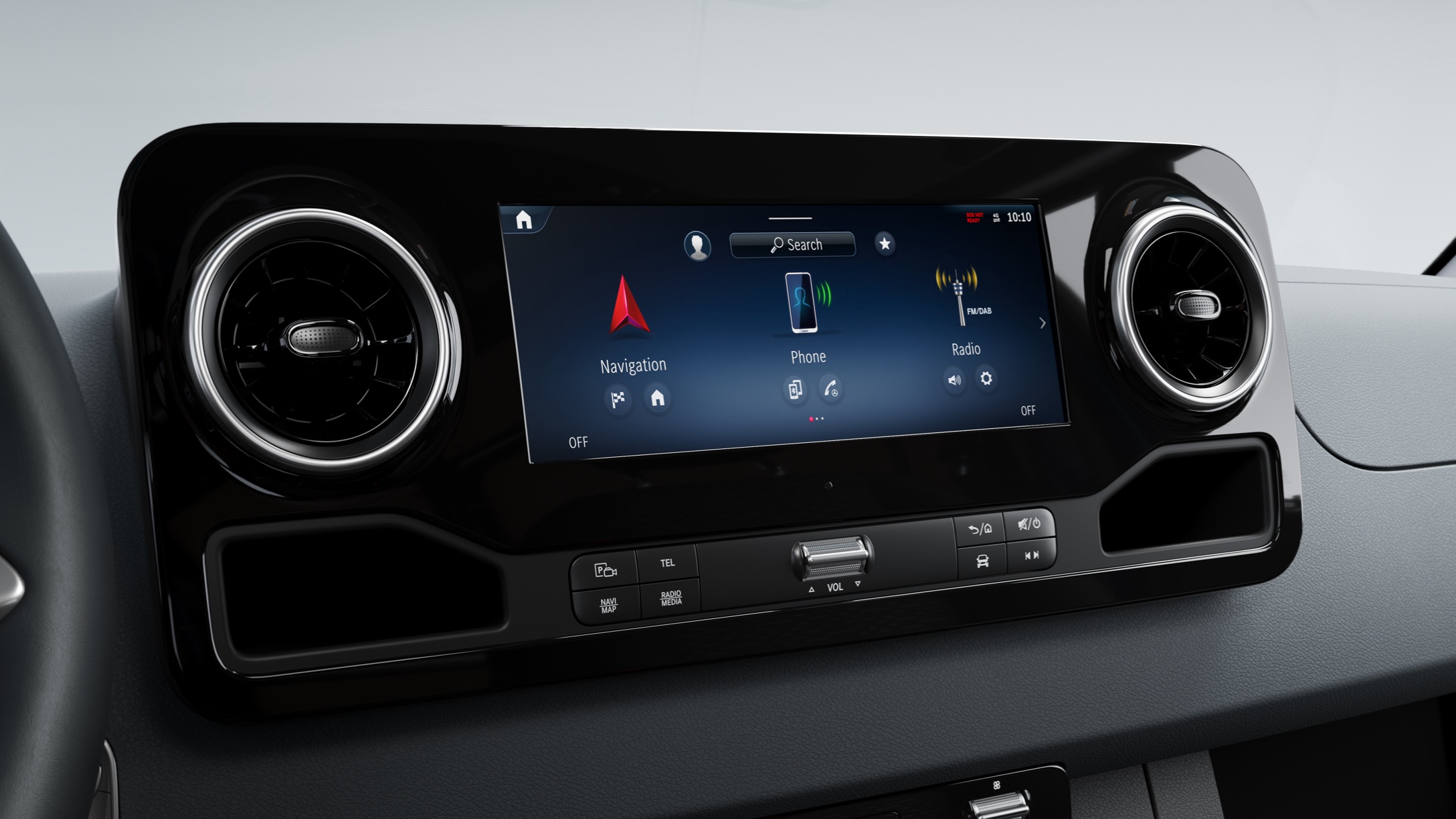 Alle Sprinter-Modelle | Mercedes-Benz Transporter Ein Nahaufnahme vom Display des MBUX Multimediasystem für die Mercedes-Benz Sprinter.