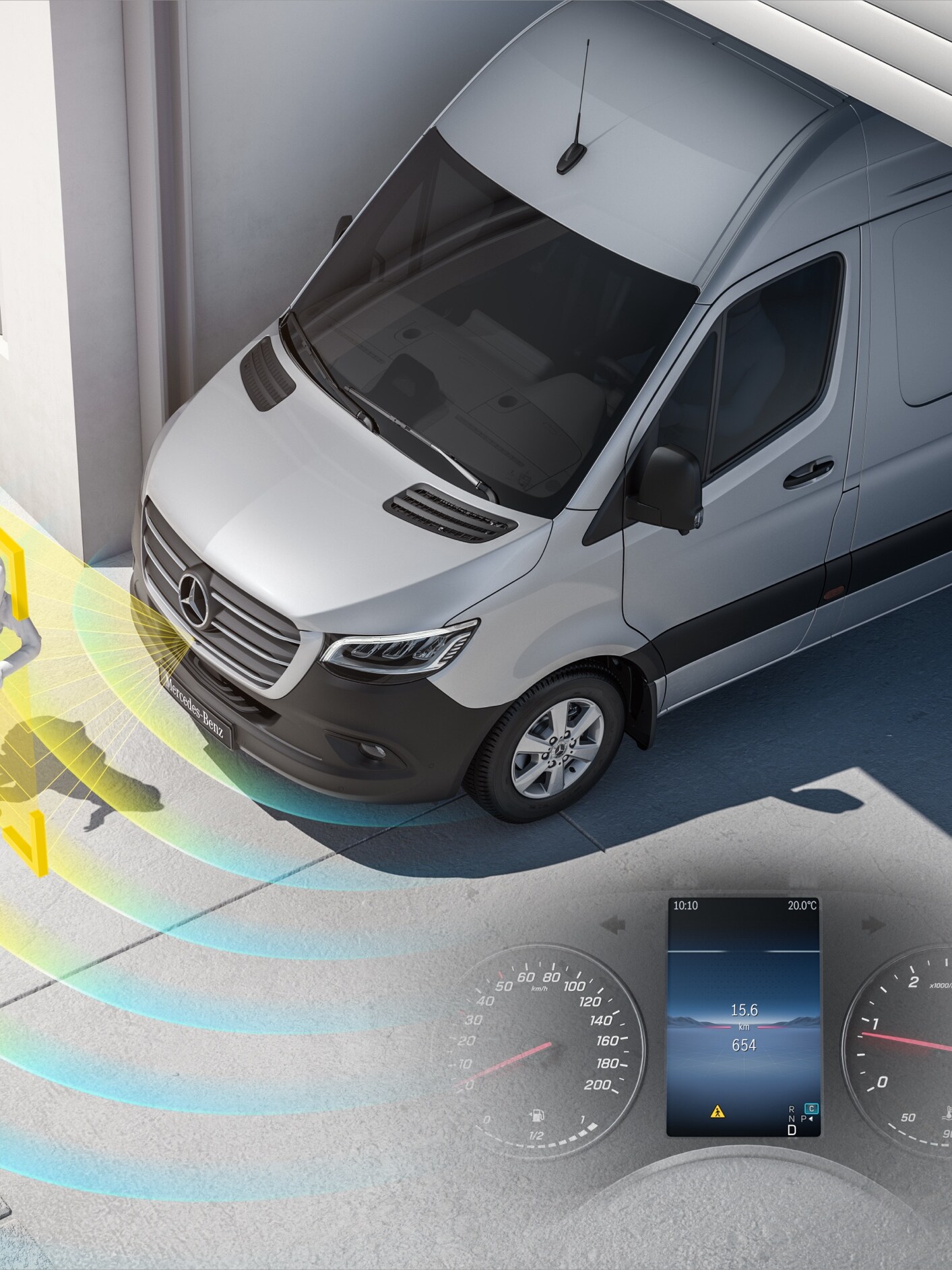 Eine Darstellung des Anfahrinformations-Assistenten (MOIS) im Sprinter, welcher die Umgebung vor sich scannt.