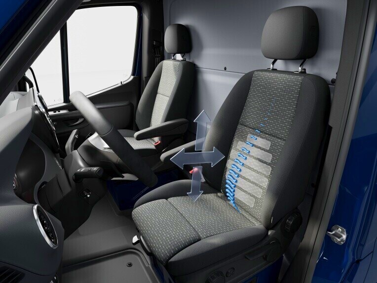 Der Fahrer- und Beifahrersitz mit Lordosenstütze im Mercedes-Benz Sprinter Kastenwagen.