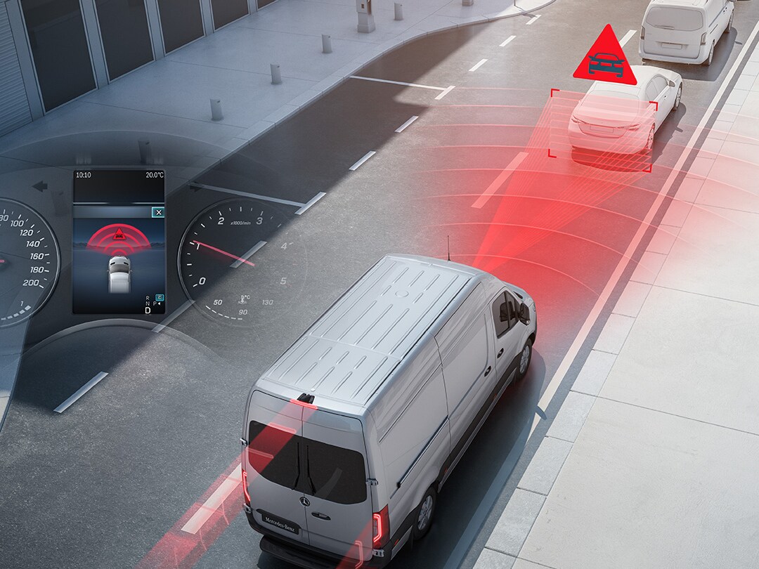 Fahrassistenzsystem visualisiert im Straßenverkehr mit dem Mercedes-Benz Sprinter Kastenwagen.