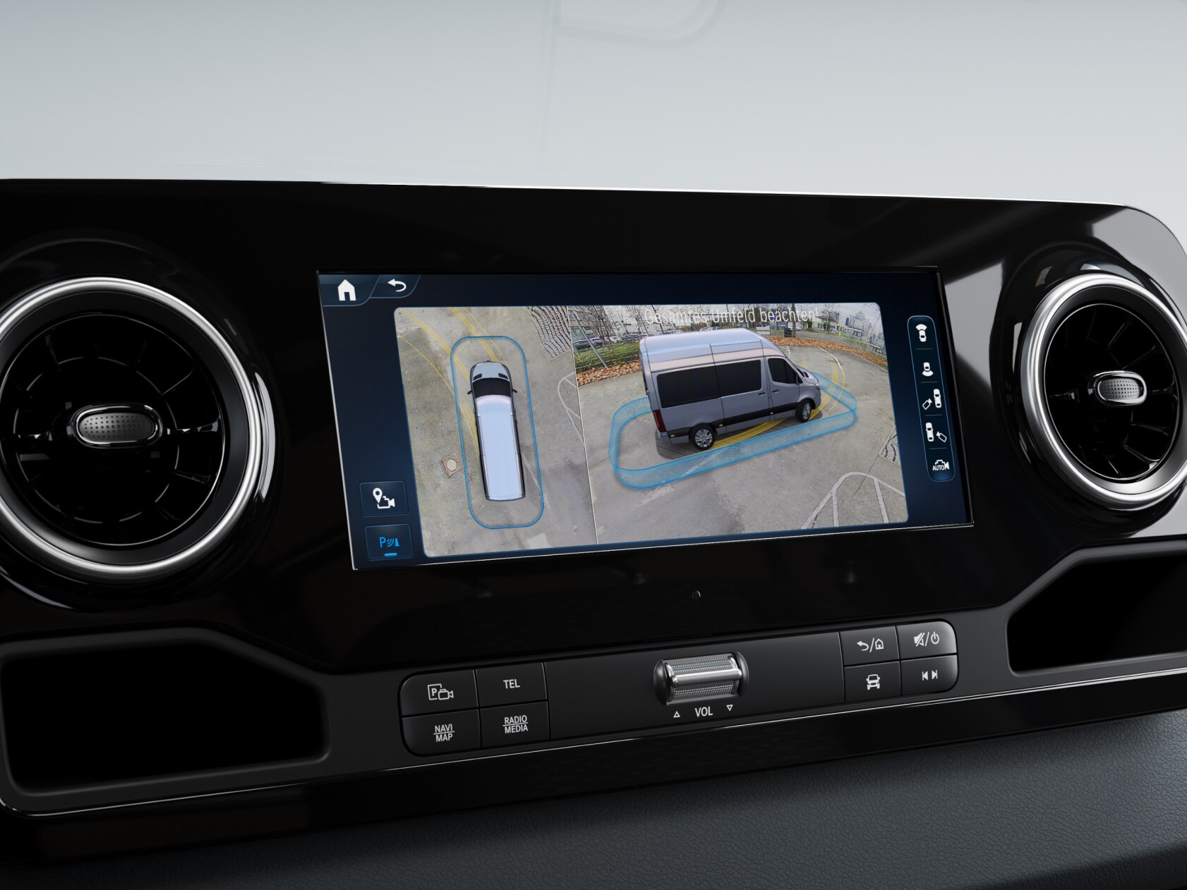 Die 3D-Rundumsicht im MBUX Multimediasystem in einem Mercedes-Benz Transporter.