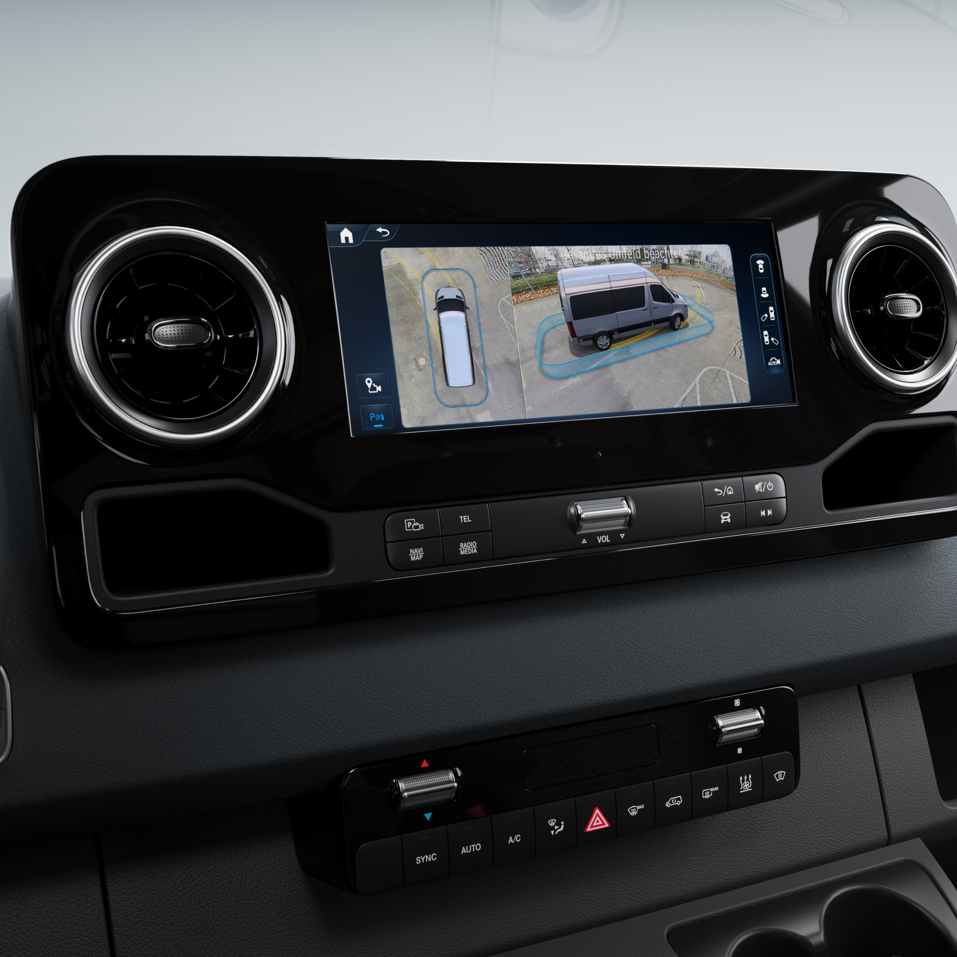 MBUX Multimediasystem | 3D-Rundumsicht | Mercedes-Benz Die 3D-Rundumsicht im MBUX Multimediasystem in einem Mercedes-Benz Transporter.