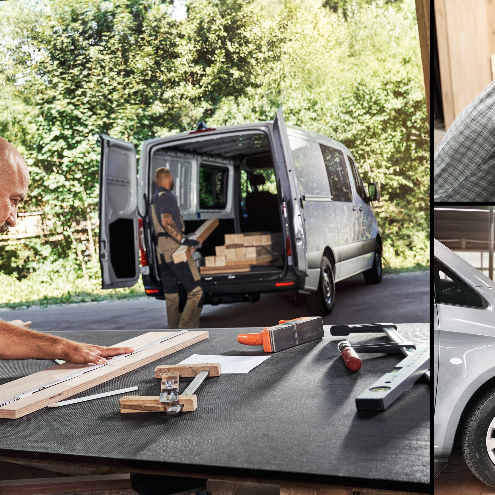 Ein Bildcollage zeigt Service Mitarbeiter in verschiedenen Aktionen wie beim Ausstauschen einer Glasscheibe, Holz Sägen oder Beladen eines Sprinters. 