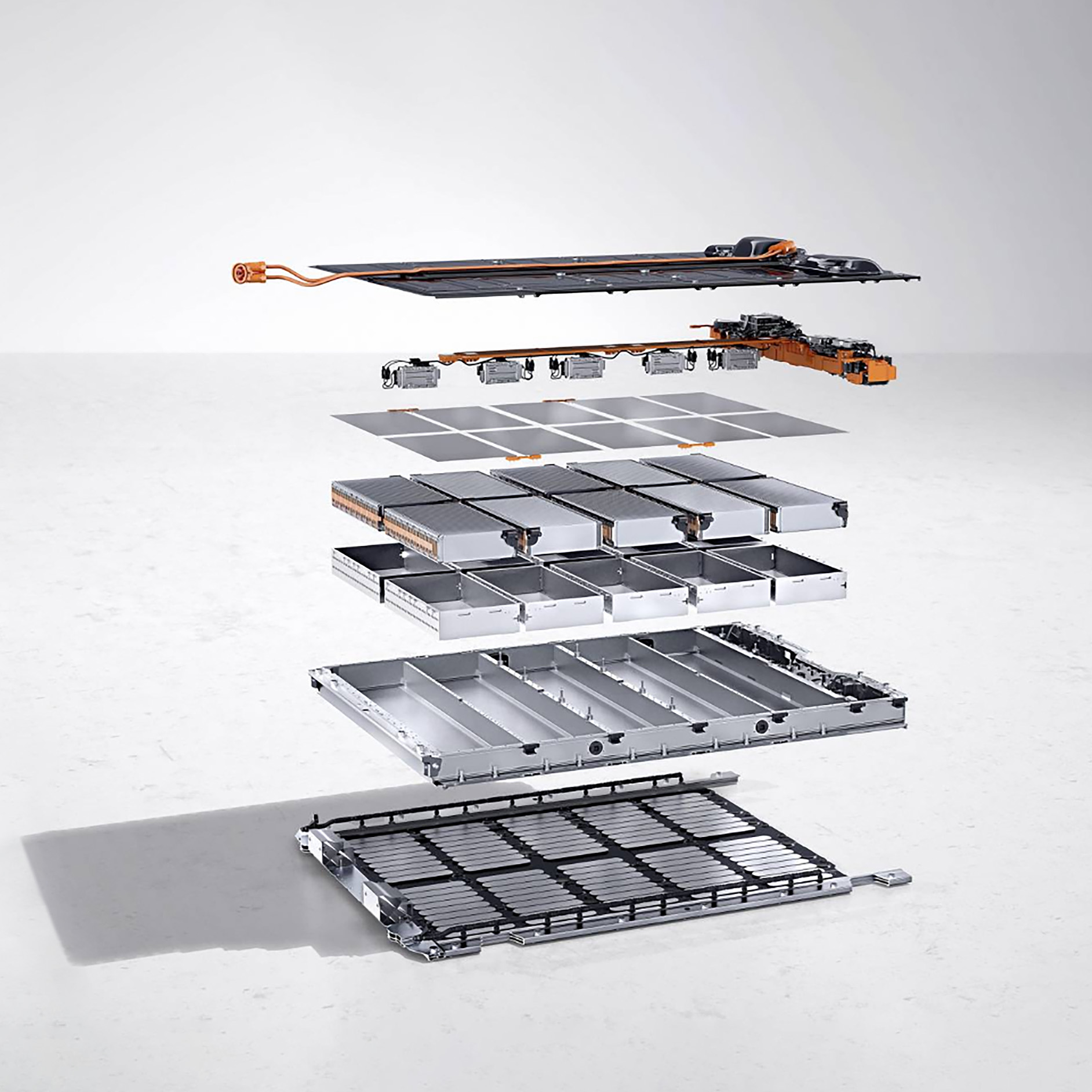 Elektrofahrzeug-Service | Mercedes-Benz Transporter. Eine schichtweise Darstellung einer Batterie als Symbol für einen elektrischen Dienst.