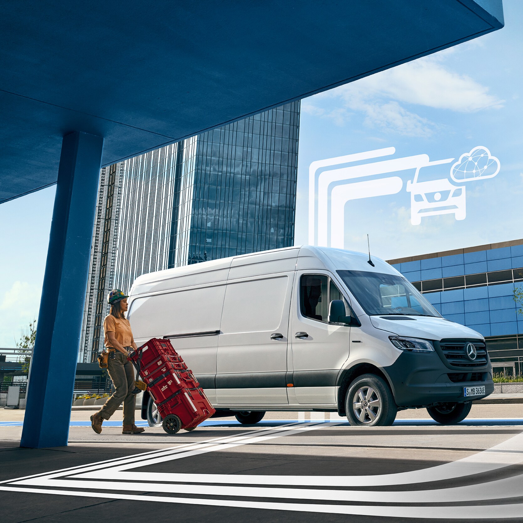 Ein Transporter von Mercedes-Benz mit grafischen Elementen, welche die Digitalen Extras darstellen.