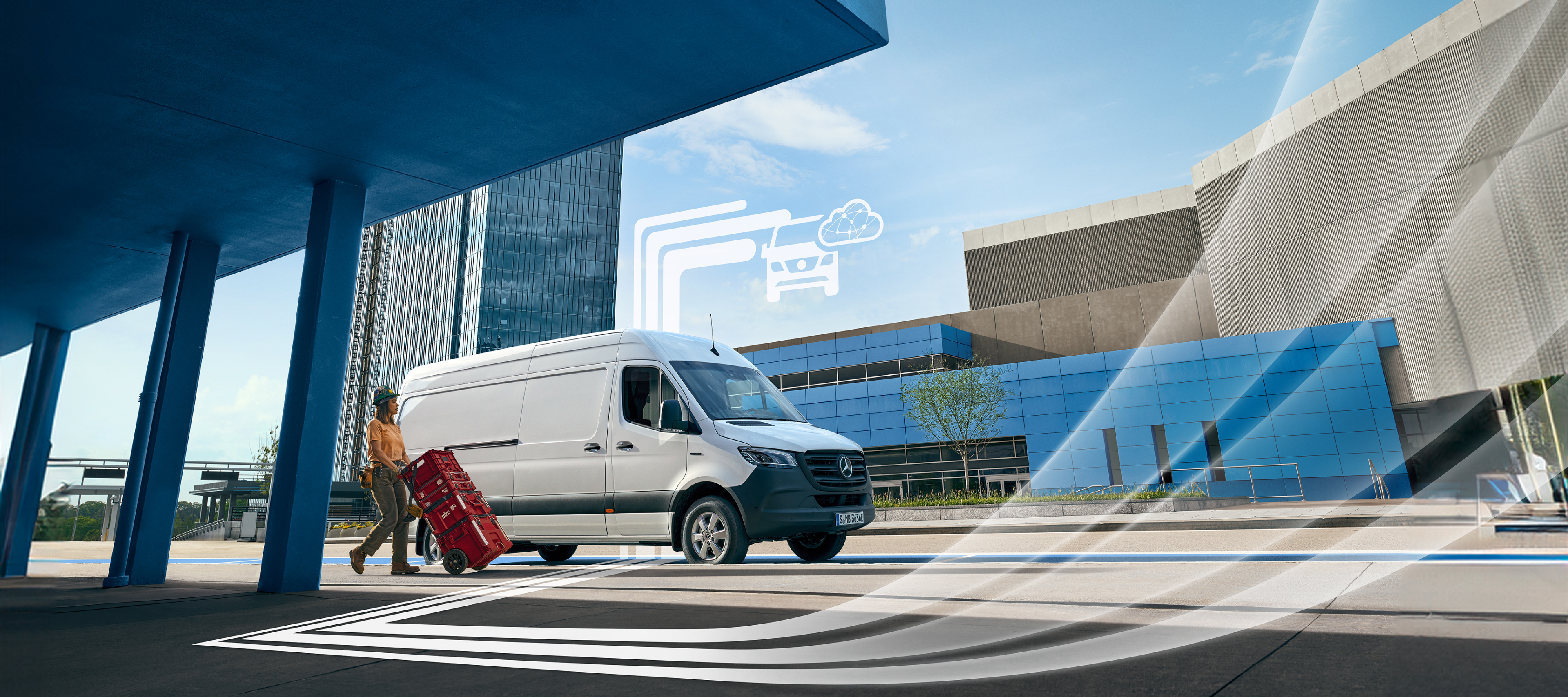 Zusätzliche Digitale Extras | Digitale Extras | Mercedes-Benz Ein Transporter von Mercedes-Benz mit grafischen Elementen, welche die Digitalen Extras darstellen.