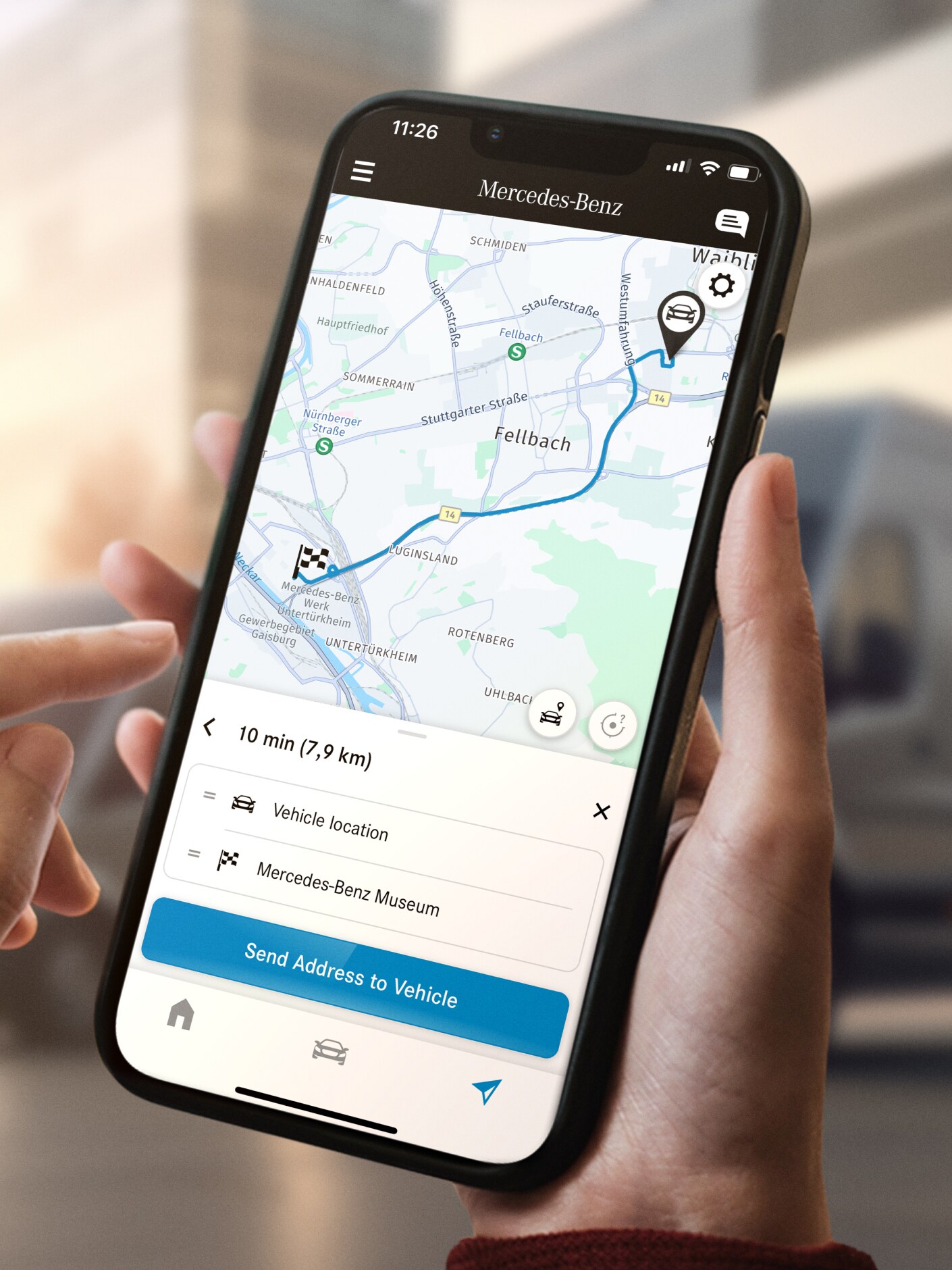 Die Funktion Send2Car von Mercedes-Benz auf dem Smartphone.