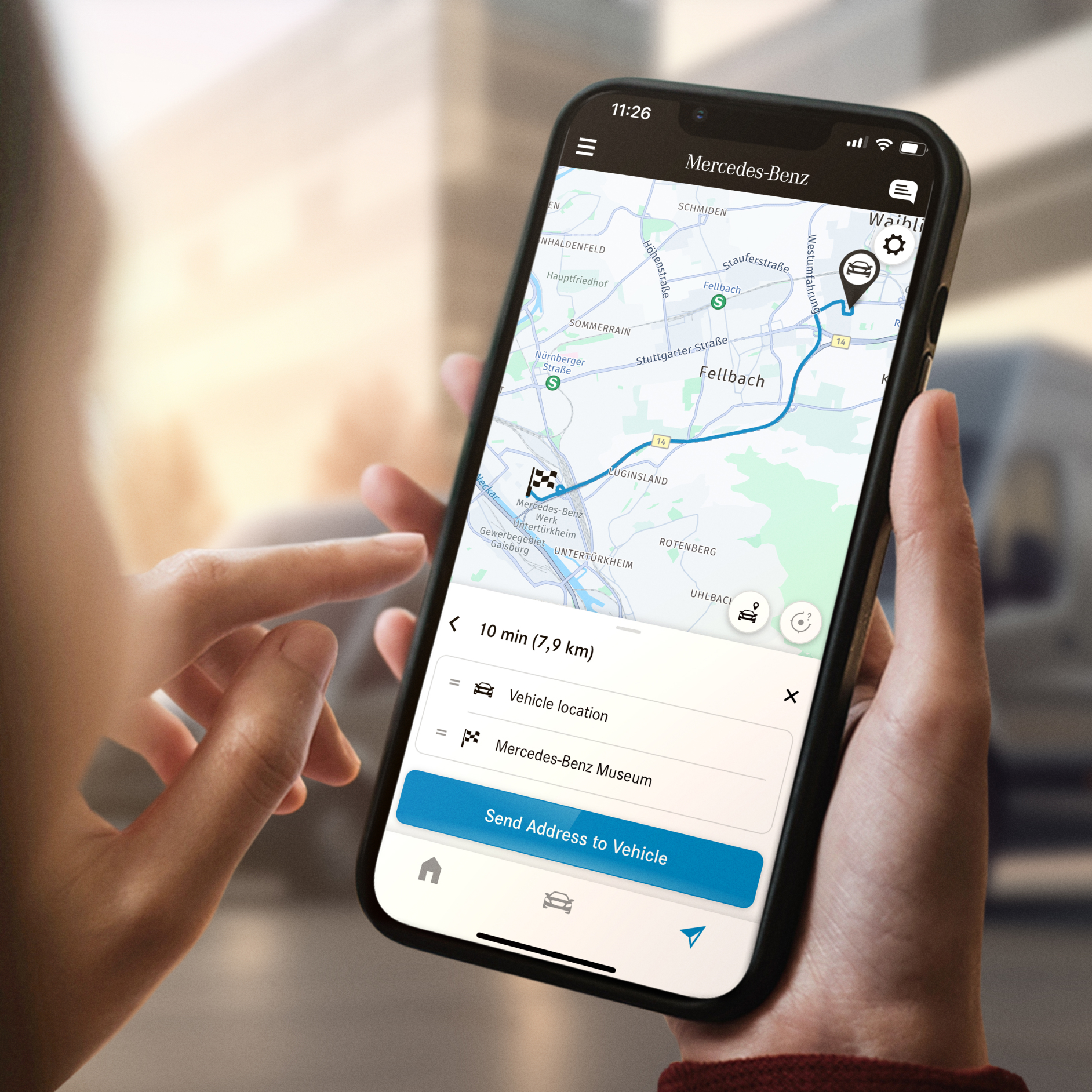 Send2Car | Digitale Extras | Mercedes-Benz Die Funktion Send2Car von Mercedes-Benz auf dem Smartphone.