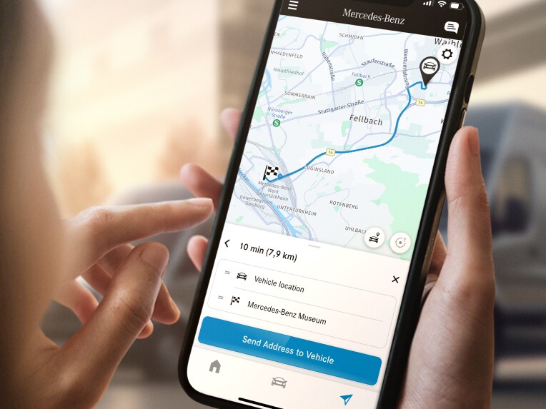 Die Funktionen Send2Car von Mercedes-Benz auf dem Smartphone.