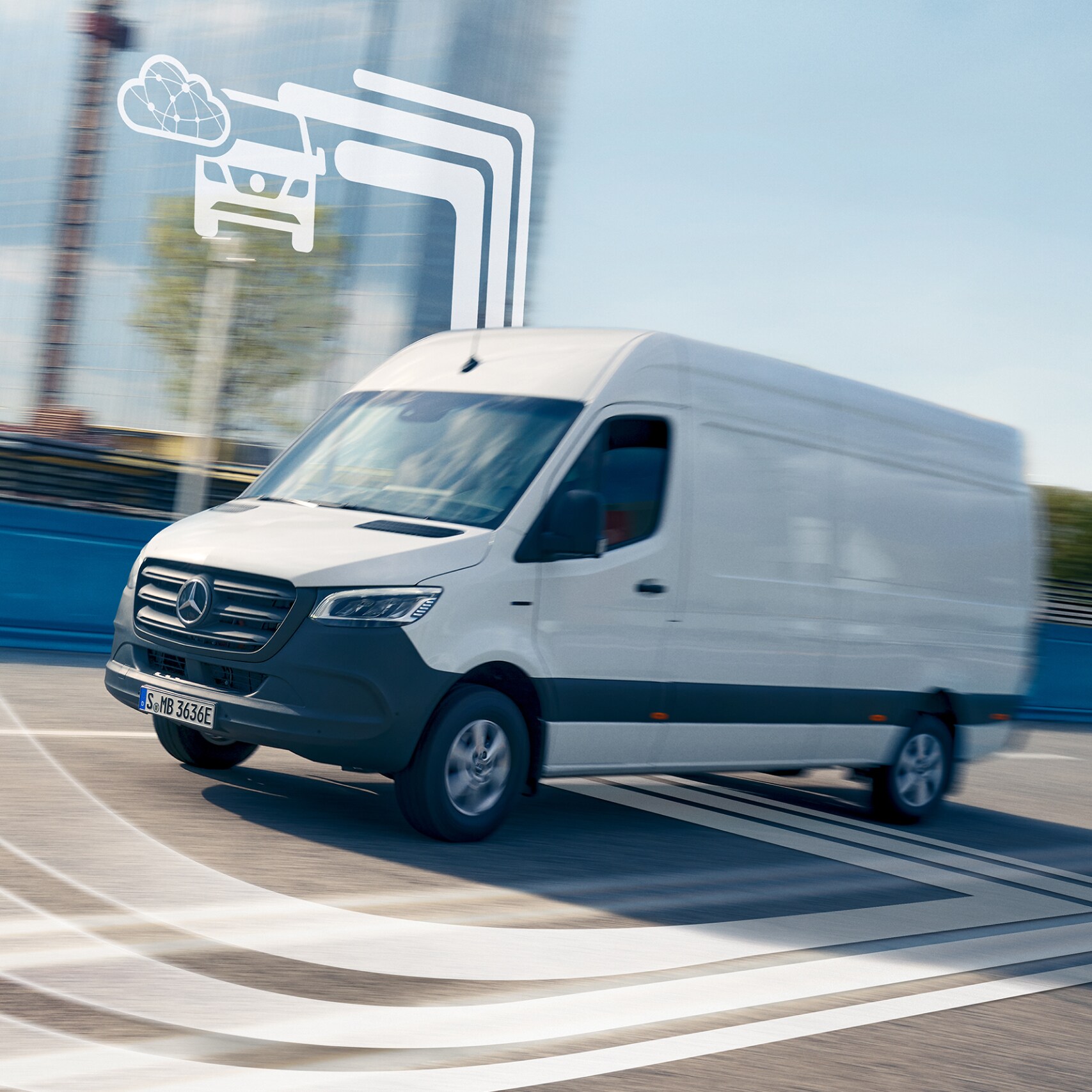 Ein Transporter von Mercedes-Benz mit grafischen Elementen, welche die Digitalen Extras darstellen.
