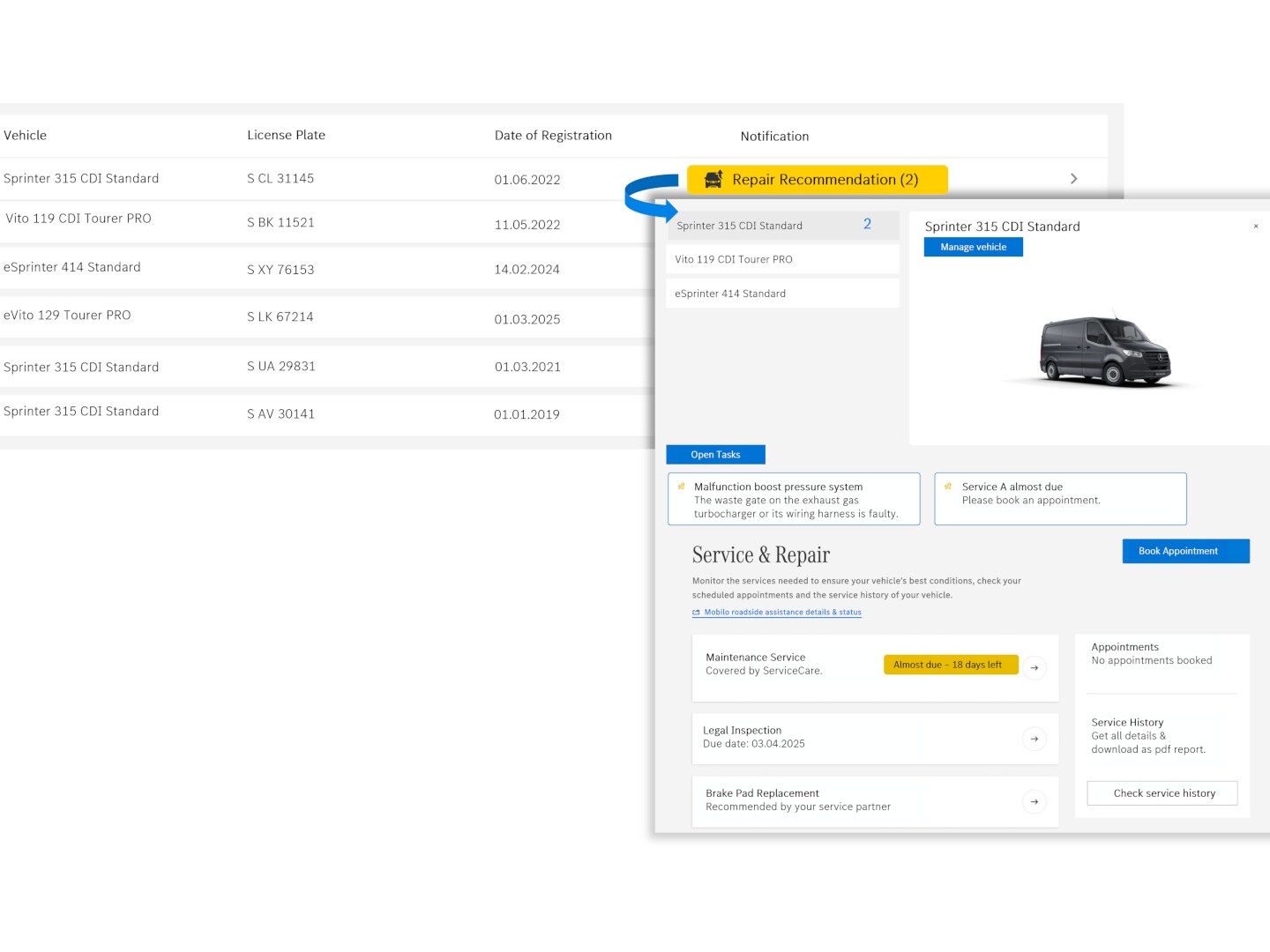 Ein Einblick in das Digitale Extra Mercedes-Benz Van Uptime Monitor: Anzeige einer Fahrzeugliste mit verschiedenen Statusinformationen und Handlungsempfehlungen.