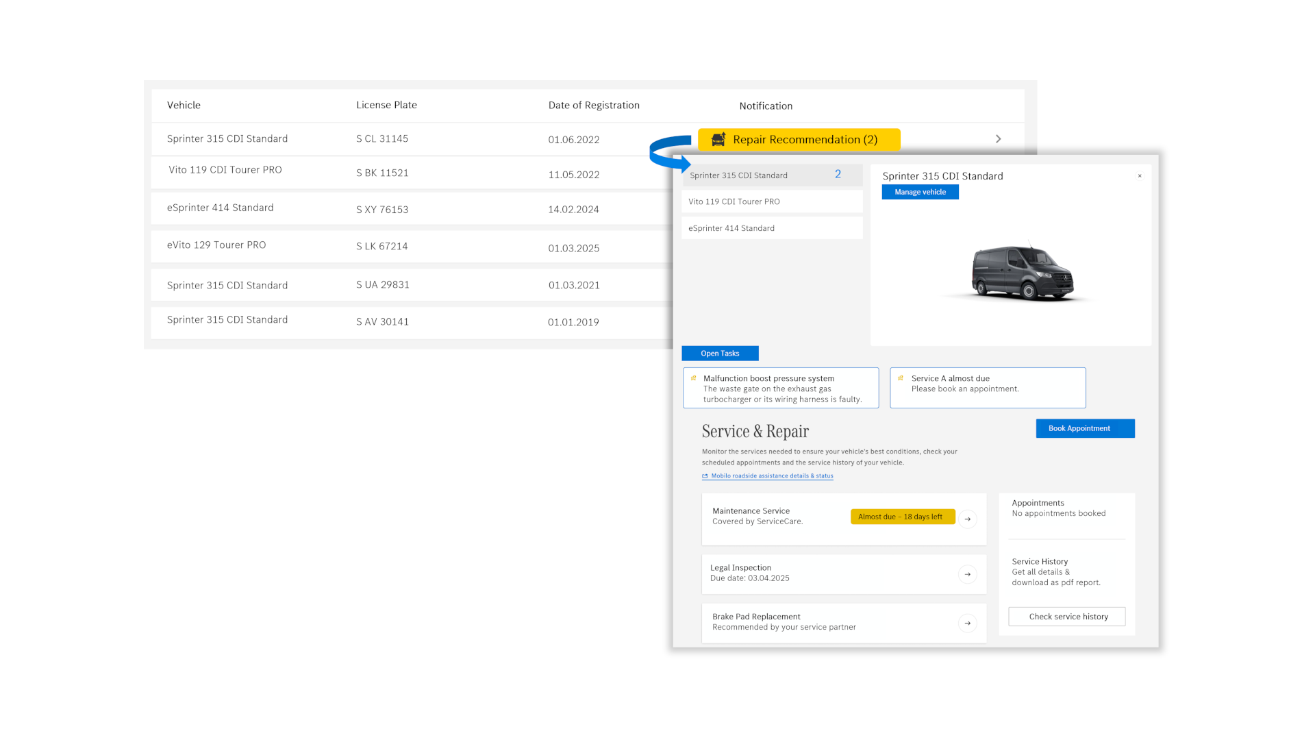 Van Uptime Monitor | Digitale Extras | Mercedes-Benz Ein Einblick in das Digitale Extra Mercedes-Benz Van Uptime Monitor: Anzeige einer Fahrzeugliste mit verschiedenen Statusinformationen und Handlungsempfehlungen.