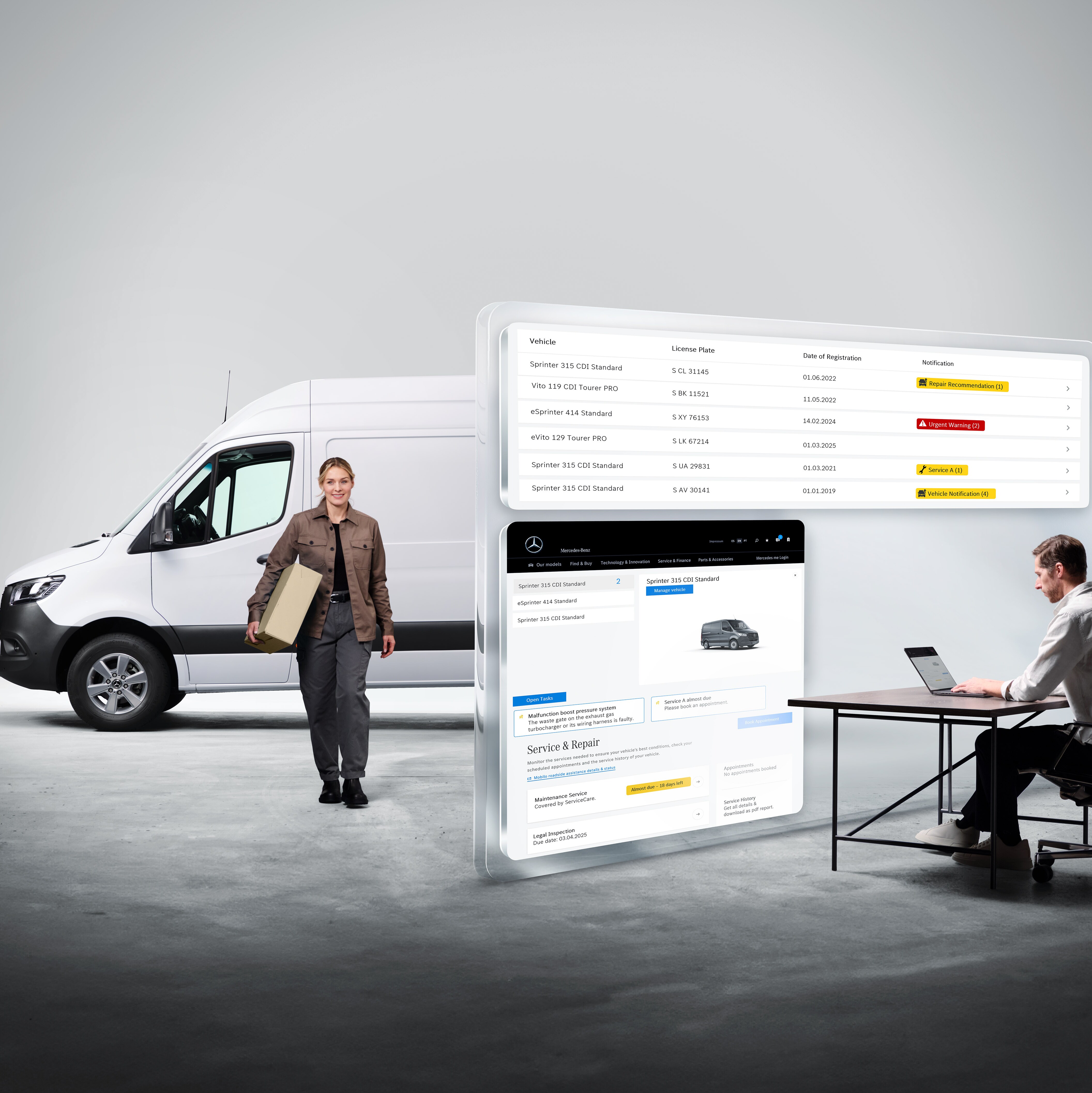 Die Bildschirme, die digitale Dienste von Mercedes-Benz anzeigen und zwei Personen.