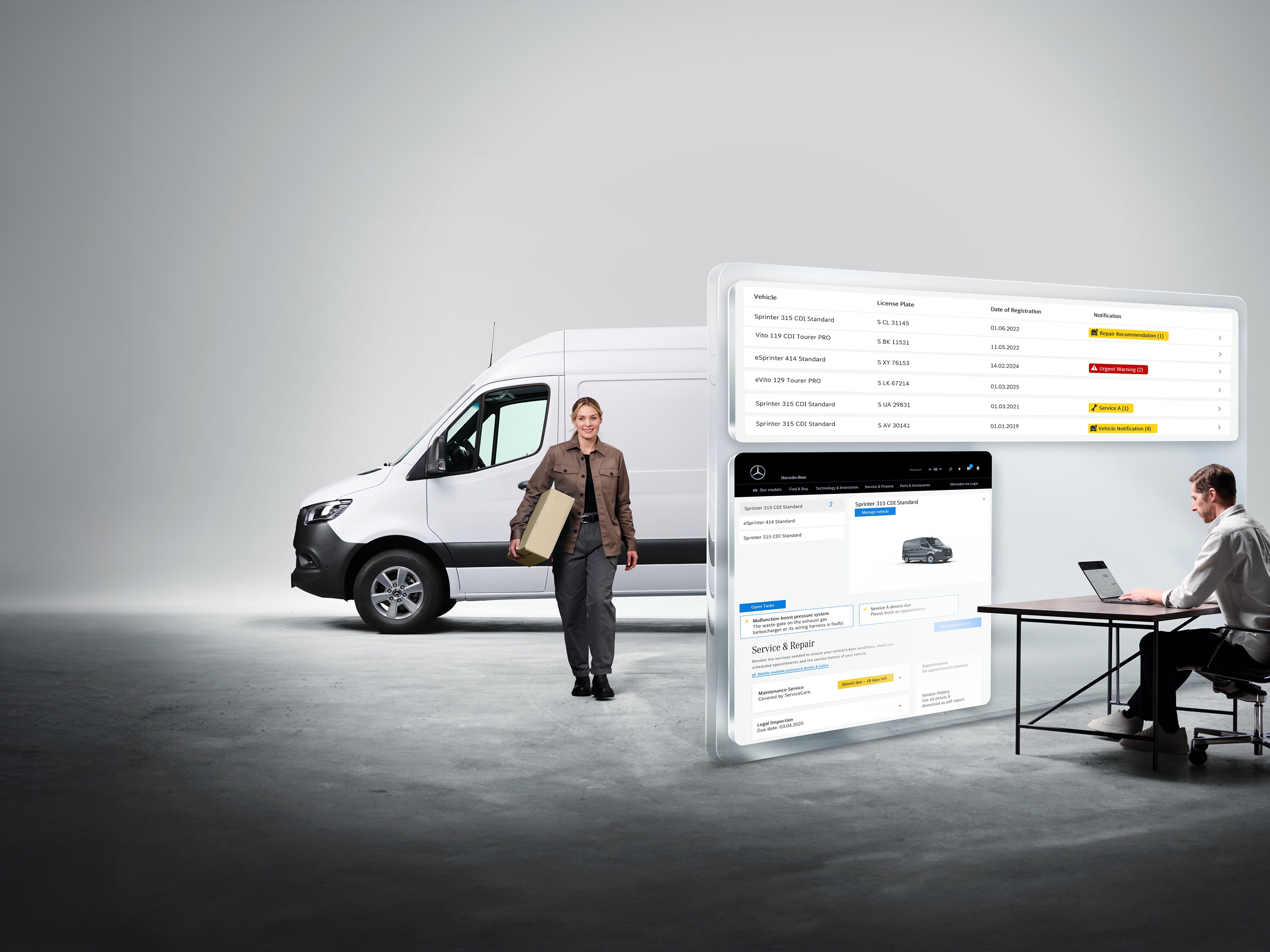 Computerbildschirme zeigen die Mercedes-Benz Van Uptime-Überwachung an. Im Hintergrund ein Zusteller vor einem Sprinter.