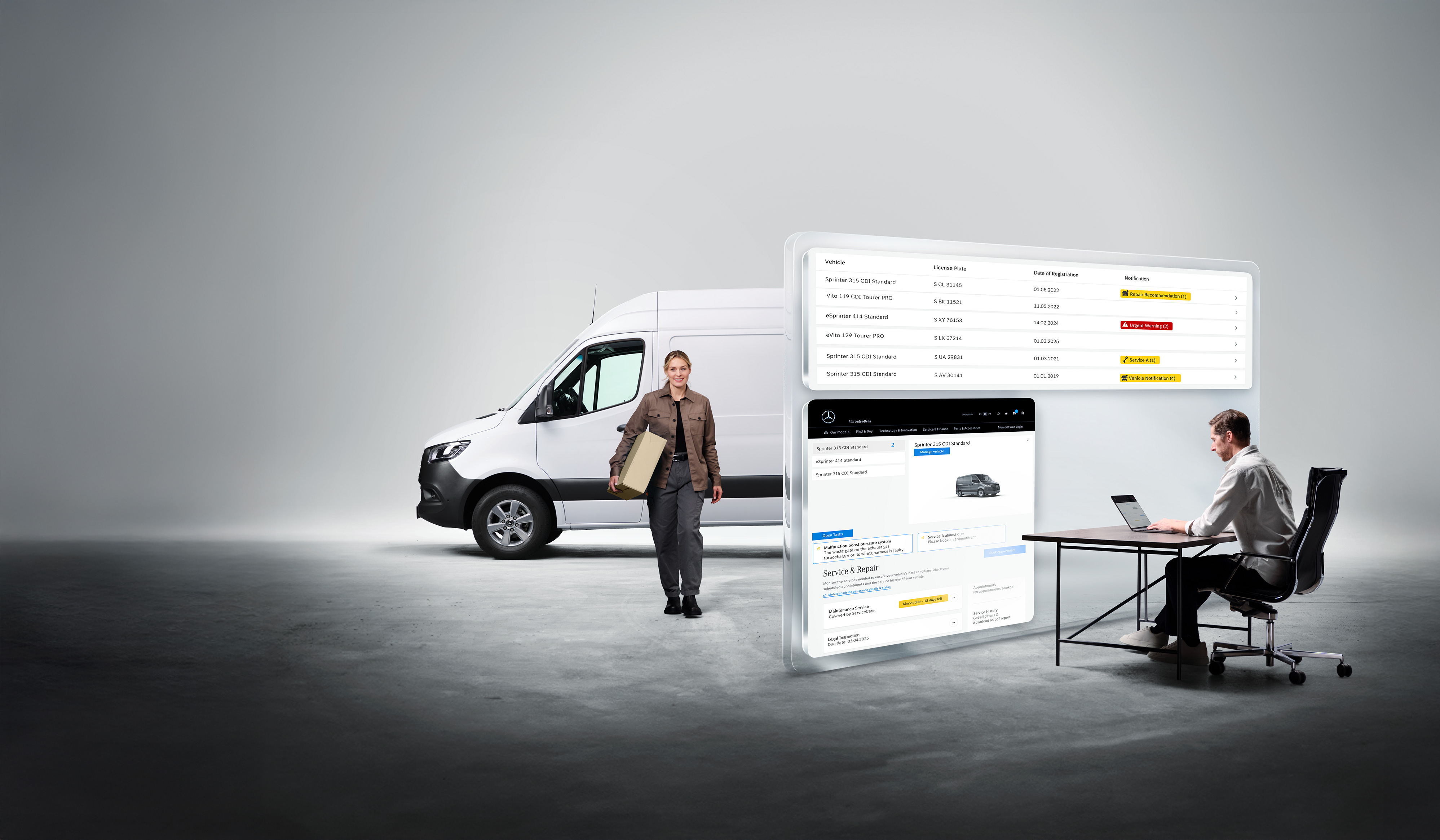 Fleet Services | Mercedes-Benz Transporter. Computerbildschirme zeigen die Mercedes-Benz Van Uptime-Überwachung an. Im Hintergrund ein Zusteller vor einem Sprinter.