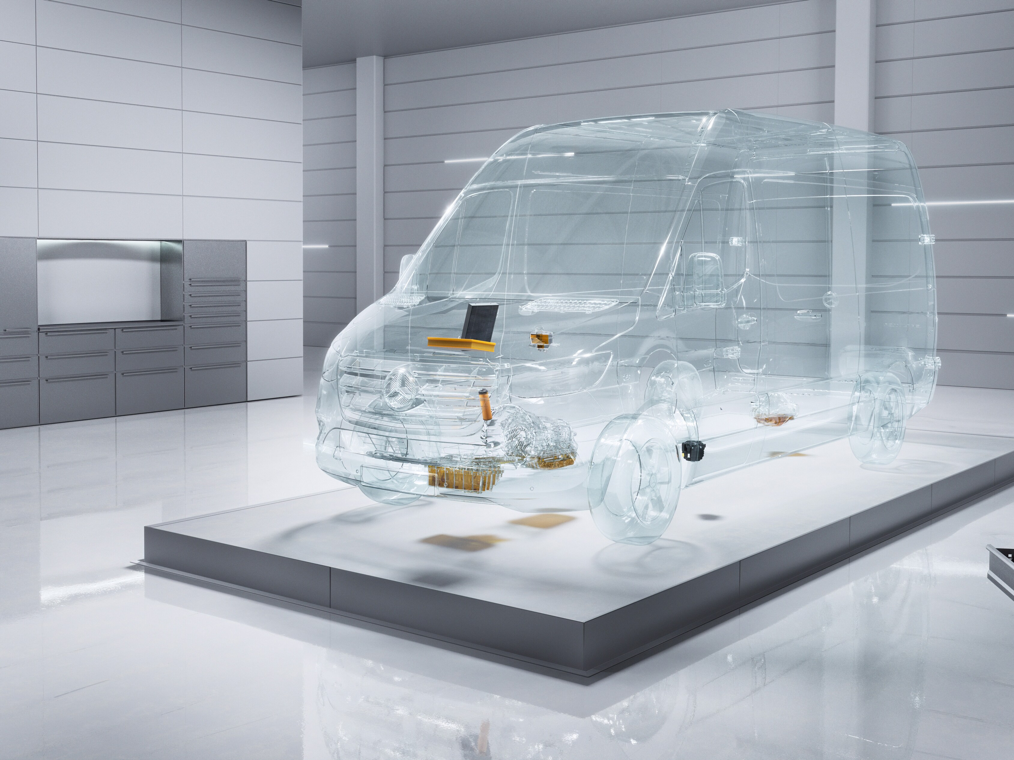 Ein virtueller transparenter Mercedes-Benz Sprinter in einer hellen Werkstattumgebung.