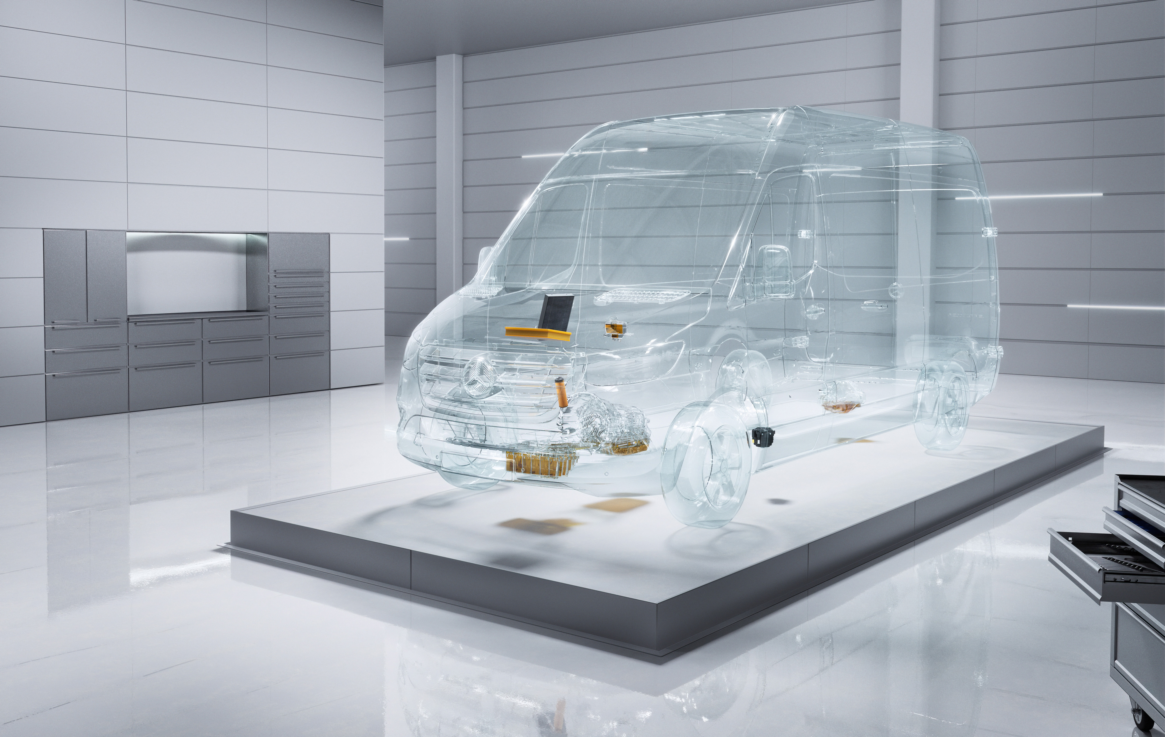 Fleet Services | Mercedes-Benz Transporter. Ein virtueller transparenter Mercedes-Benz Sprinter in einer hellen Werkstattumgebung.