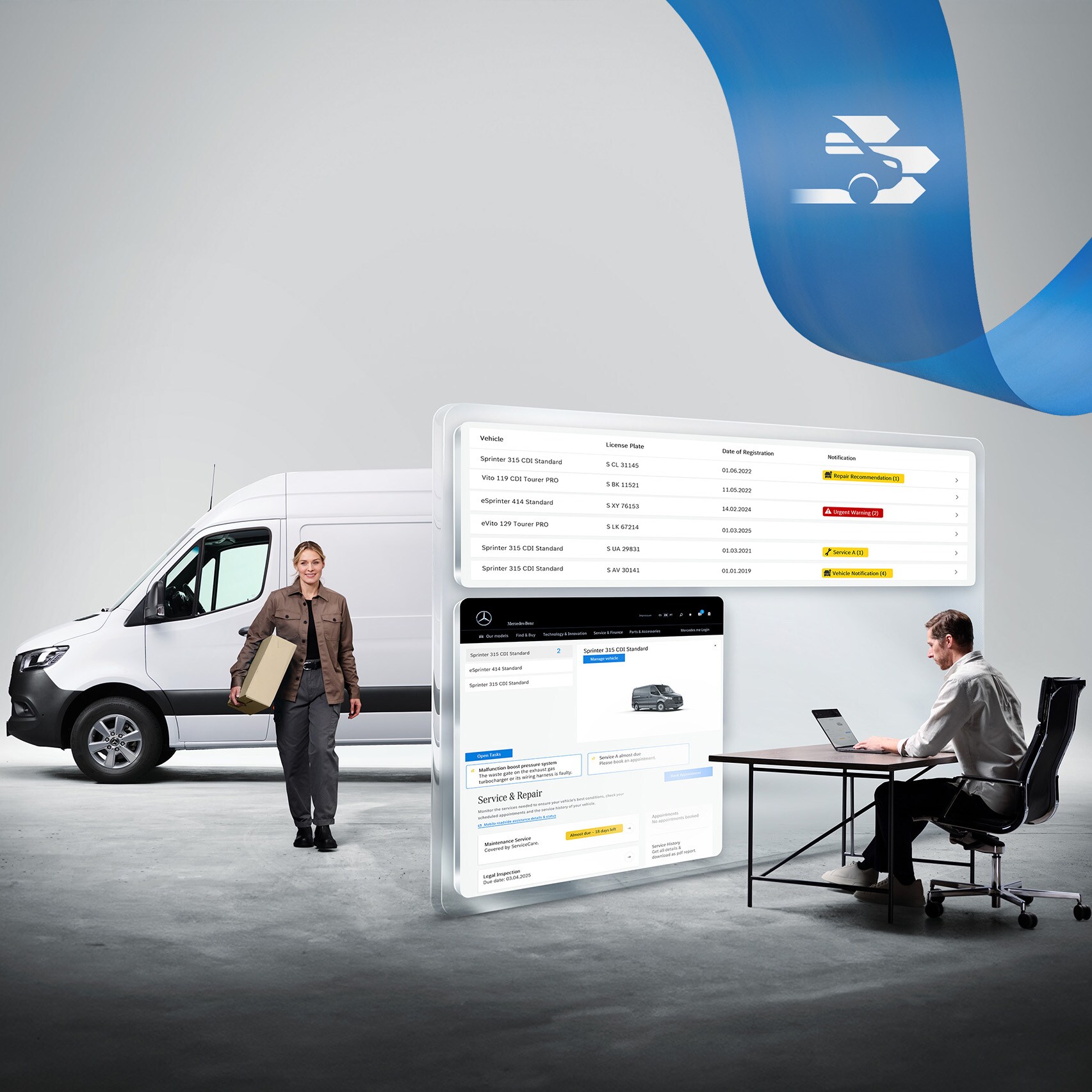 Mann überwacht Transporterflotte am Laptop, Mercedes-Benz Van Uptime Monitor für maximale Verfügbarkeit.